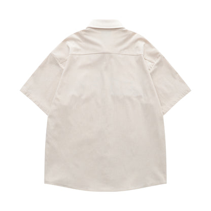 𝔼mbro 𝕊hirt𒉽美式復古趣味貓咪繡花燈芯絨短袖襯衫(杏色)