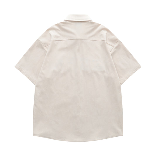 𝔼mbro 𝕊hirt𒉽美式復古趣味貓咪繡花燈芯絨短袖襯衫(杏色)