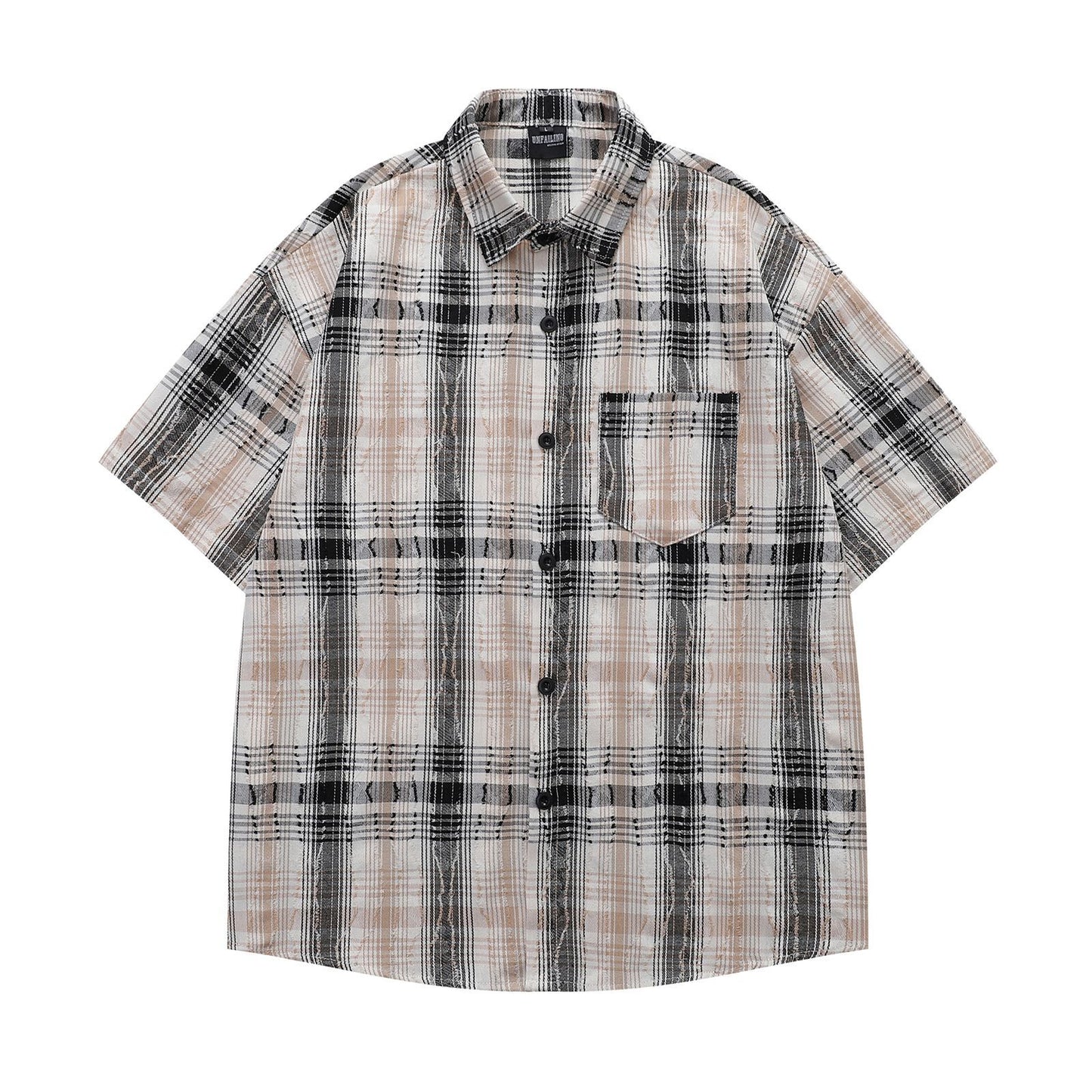 𝔼mbro 𝕊hirt𒉽日式復古毛邊格子短袖寬鬆襯衫YD-8