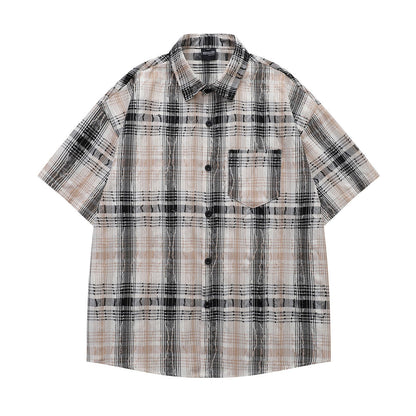 𝔼mbro 𝕊hirt𒉽日式復古毛邊格子短袖寬鬆襯衫YD-8