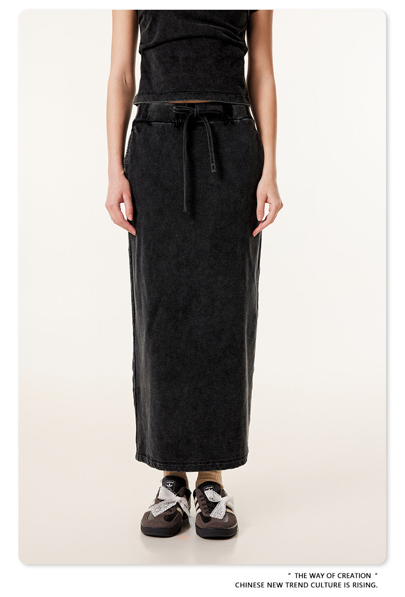 Fierce & Fitted 夏季辣妹必備INS緊身短款上衣 收腰直筒長裙套裝N-7 復古黑