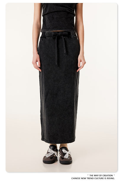 Fierce & Fitted 夏季辣妹必備INS緊身短款上衣 收腰直筒長裙套裝N-7 復古黑