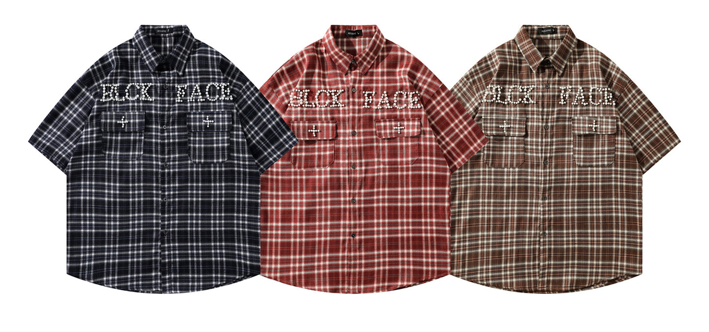 𝕃oose 𝔽it ☞𝟤𝟢𝟤𝟧 ☜美式復古字母珍珠感格子寬鬆襯衫 J-4