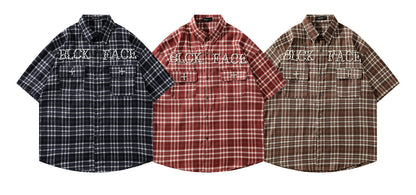 𝕃oose 𝔽it ☞𝟤𝟢𝟤𝟧 ☜美式復古字母珍珠感格子寬鬆襯衫 J-4