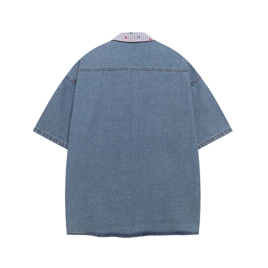 𝔼mbro 𝕊hirt𒉽 美式復古趣味卡通毛巾繡牛仔百搭寬鬆襯衫  N-09