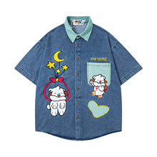 𝔼mbro 𝕊hirt𒉽美式復古水洗撞色卡通貼布繡牛仔寬鬆襯衫外套 M-373
