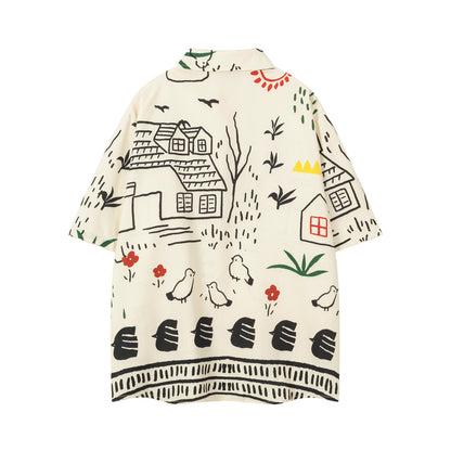 𝕃oose 𝔽it ☞𝟤𝟢𝟤𝟧 ☜日式復古趣味塗鴉印花休閒短袖襯衫	 DU-A31