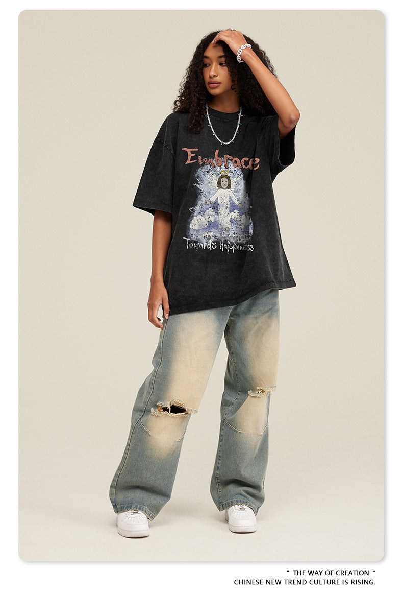 ▶𝔽𝕦𝕤𝕚𝕠𝕟 𝔽𝕠𝕔𝕦𝕤 ⌘𝓦𝓪𝓼𝓱𝓮𝓭 𝔀𝓲𝓷𝓭 ◀ 2025春季新款復古街頭潮牌ins水洗天使印花圓領寬鬆大碼短袖 TZ-09