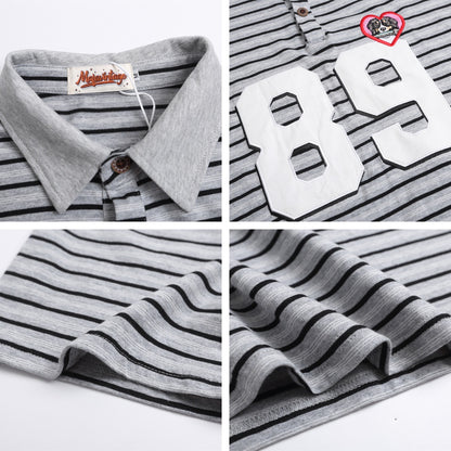 Polo Shirt𒉽美式復古貼布繡條紋翻領POLO衫IN-36