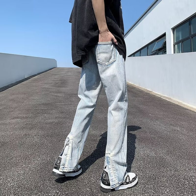 ♜  𝔽𝕦𝕤𝕚𝕠𝕟 𝔽𝕠𝕔𝕦𝕤  𖥟 𝖏𝖊𝖆𝖓𝖘  ☞ 牛仔褲夏季新款潮流ins時尚簡約扭扣設計寬鬆直筒長褲 D-109