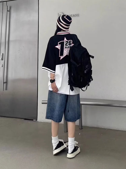 ♜  𝔽𝕦𝕤𝕚𝕠𝕟 𝔽𝕠𝕔𝕦𝕤  𖥟 𝖏𝖊𝖆𝖓𝖘  ☞ 做舊闊腿牛仔褲男女同款夏季新款五分褲百搭哈倫中褲寬鬆潮牌短褲 Bs-05