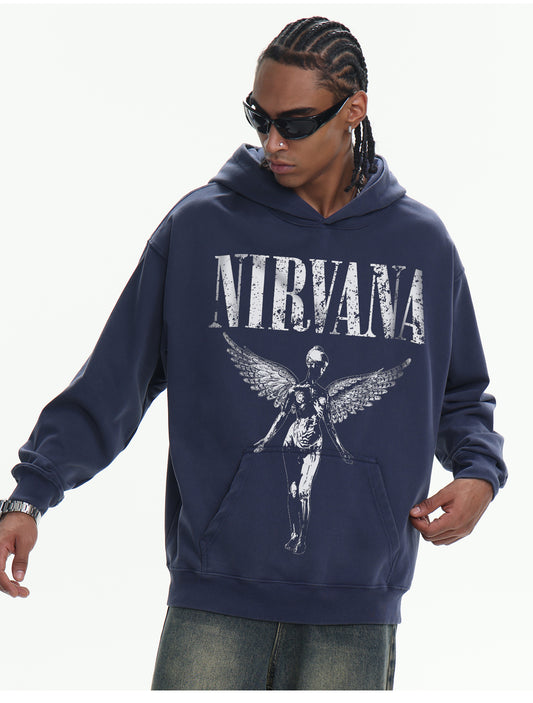 ♛𝔽𝕦𝕤𝕚𝕠𝕟 𝔽𝕠𝕔𝕦𝕤 ♛410G重磅水洗美式復古NIRVANA連帽大學T  FZ-81