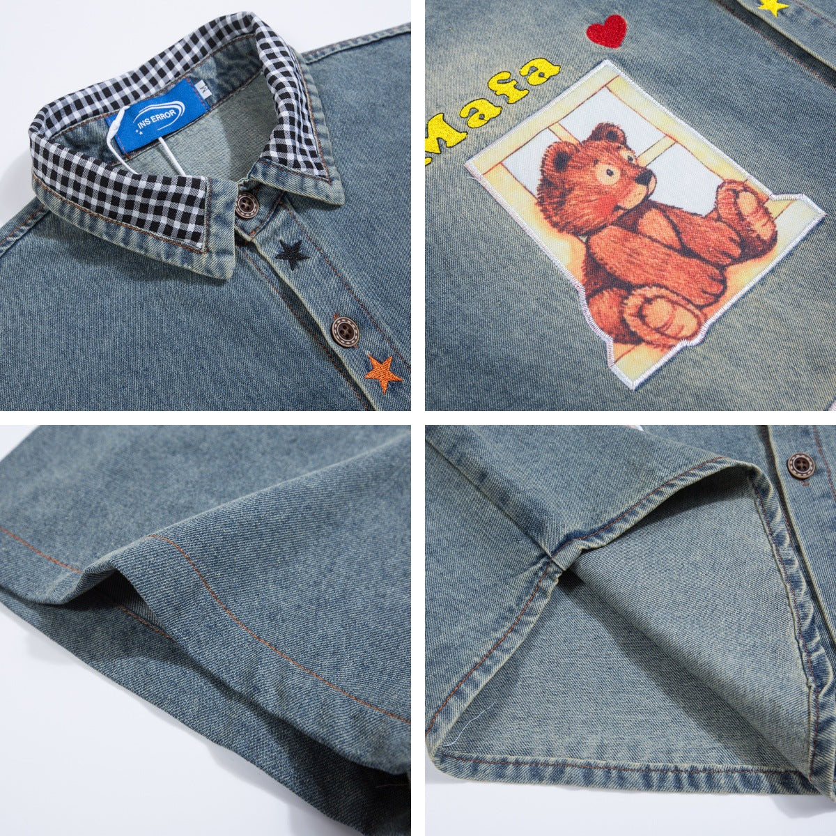 𝔼mbro 𝕊hirt𒉽美式復古拼接卡通印花短袖牛仔百搭寬鬆襯衫外套 IN609