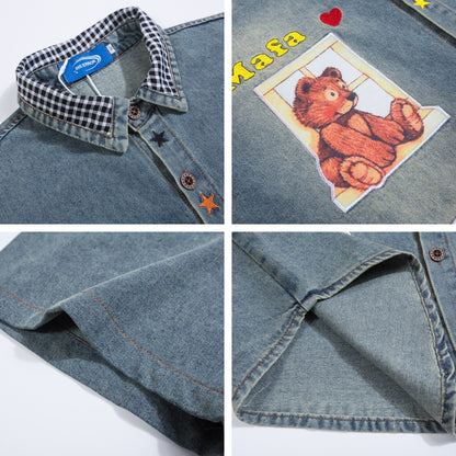 𝔼mbro 𝕊hirt𒉽美式復古拼接卡通印花短袖牛仔百搭寬鬆襯衫外套 IN609