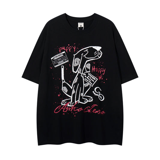 𝕃oose 𝔽it ☞𝟤𝟢𝟤𝟧 ☜美式復古小狗印花圓領男女中性 T-Shirt寬版上衣A-2