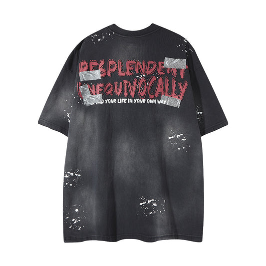 𝕃oose 𝔽it ☞𝟤𝟢𝟤𝟧 ☜美式復古渲染系列噴繪卡通印花男女中性 T-Shirt寬版上衣FY-10