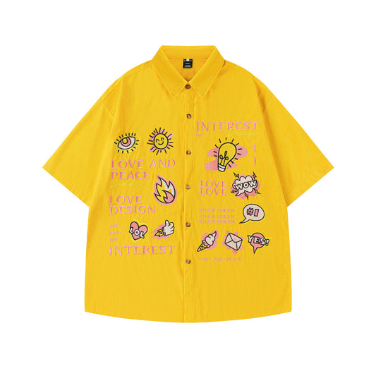 𝔼mbro 𝕊hirt𒉽美式復古趣味圖案燈芯絨短袖寬鬆襯衫 R-083