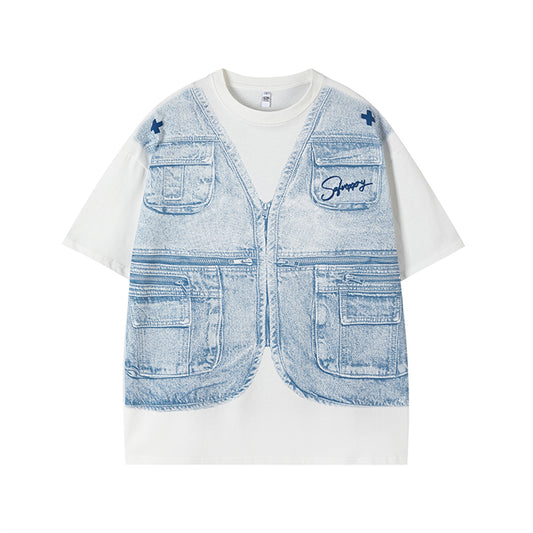 𝕃oose 𝔽it ☞𝟤𝟢𝟤𝟧 ☜美式復古假兩件馬甲印花設計感風格男女中性 T-Shirt寬版上衣   SA-4