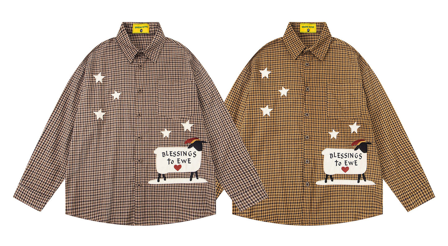 𝔼mbro 𝕊hirt𒉽2025秋冬小羊圖案刺繡條紋襯衫N-43