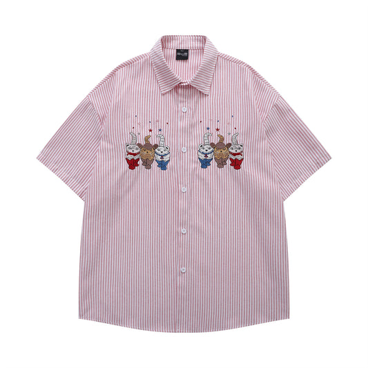 𝔼mbro 𝕊hirt𒉽日式復古可愛貓咪刺繡短袖百搭休閒襯衫 (紅色)
