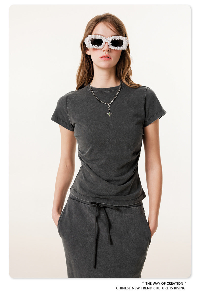 Fierce & Fitted 夏季辣妹必備INS緊身短款上衣 收腰直筒長裙套裝N-7 深灰色