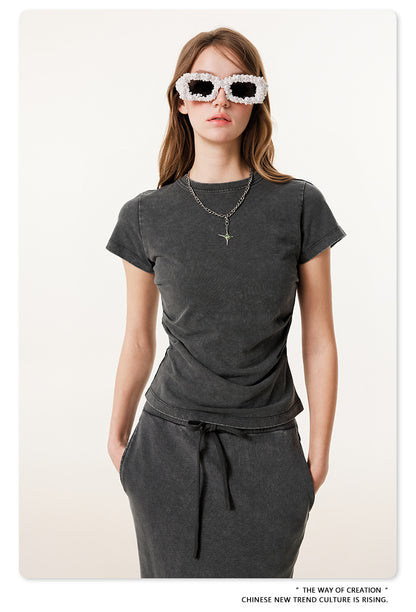 Fierce & Fitted 夏季辣妹必備INS緊身短款上衣 收腰直筒長裙套裝N-7 深灰色