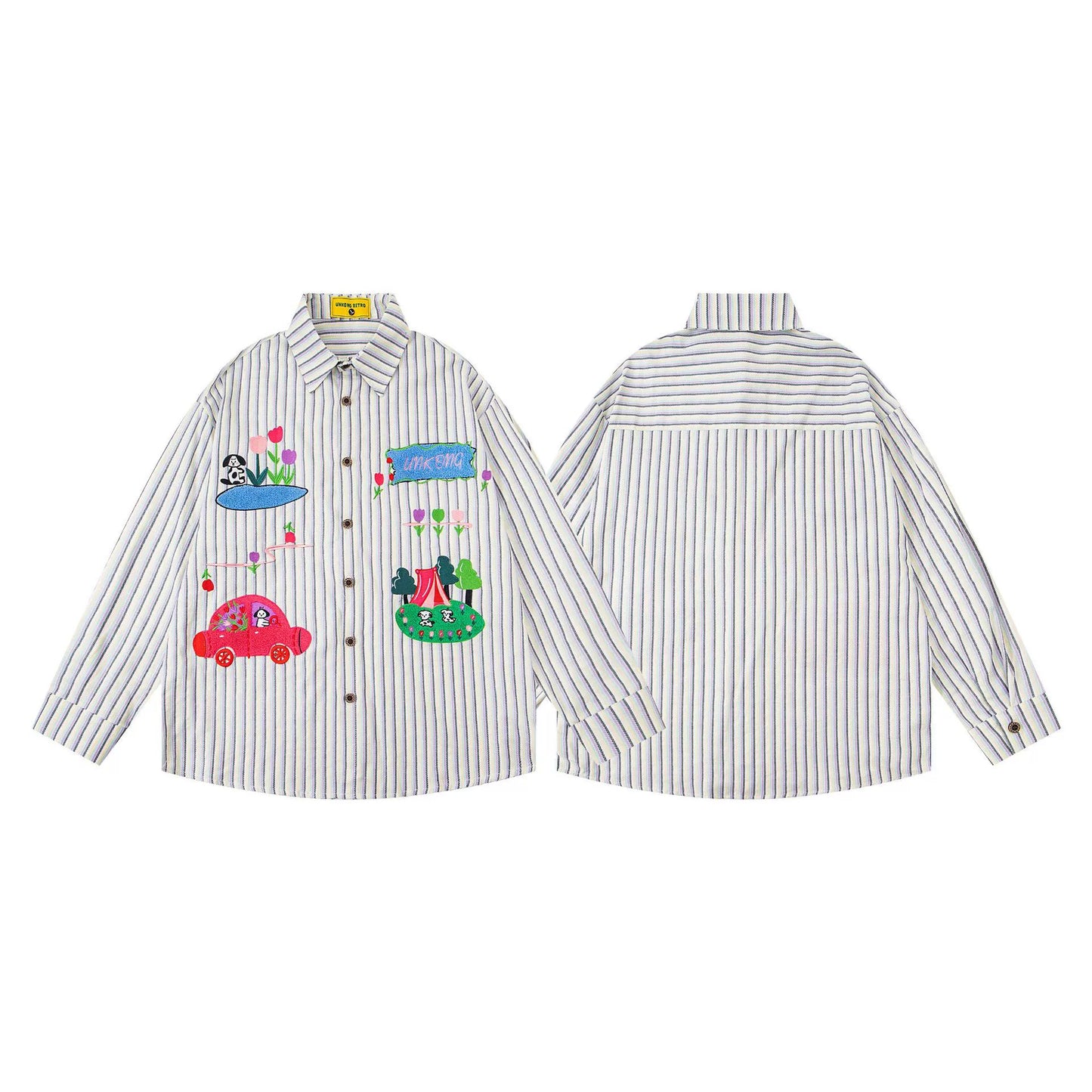 𝔼mbro 𝕊hirt𒉽2025秋冬卡通趣味條紋寬鬆襯衫U-45