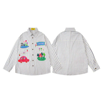 𝔼mbro 𝕊hirt𒉽2025秋冬卡通趣味條紋寬鬆襯衫U-45