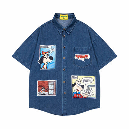 𝔼mbro 𝕊hirt𒉽美式復古趣味卡通貼布繡花短袖牛仔襯衫外套(深藍色)