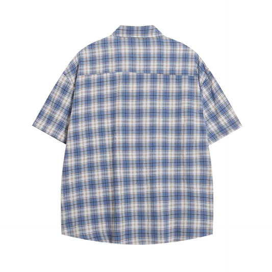 𝔼mbro 𝕊hirt𒉽美式復古街頭刺繡格子寬鬆襯衫P-6