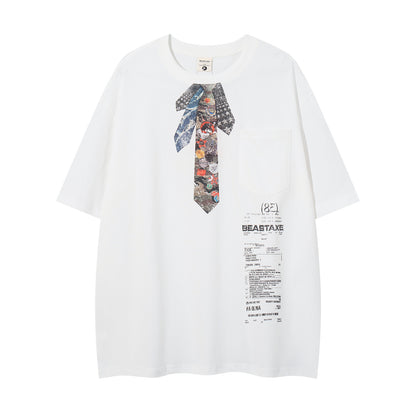 𝕃oose 𝔽it ☞𝟤𝟢𝟤𝟧 ☜美式復古領帶印花圓領T-Shirt寬版上衣A-9