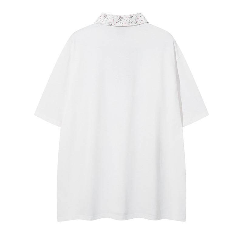 Polo Shirt𒉽美式復古貓咪印花翻領半拉鍊POLO衫 DA-7