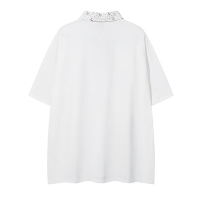 Polo Shirt𒉽美式復古貓咪印花翻領半拉鍊POLO衫 DA-7