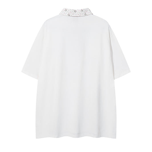 Polo Shirt𒉽美式復古貓咪印花翻領半拉鍊POLO衫 DA-7