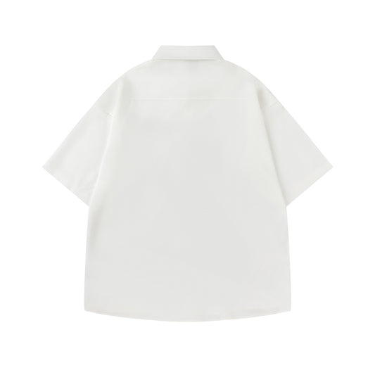 𝔼mbro 𝕊hirt𒉽美式復古可愛小狗刺繡寬鬆百搭短袖襯衫 (白色)