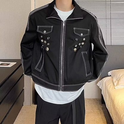 snɔoɟ uoı̣snɟ -  美式夾克男女中性風不規則設計感纽扣裝飾百搭寬鬆情侣休閒短外套 Bc-002