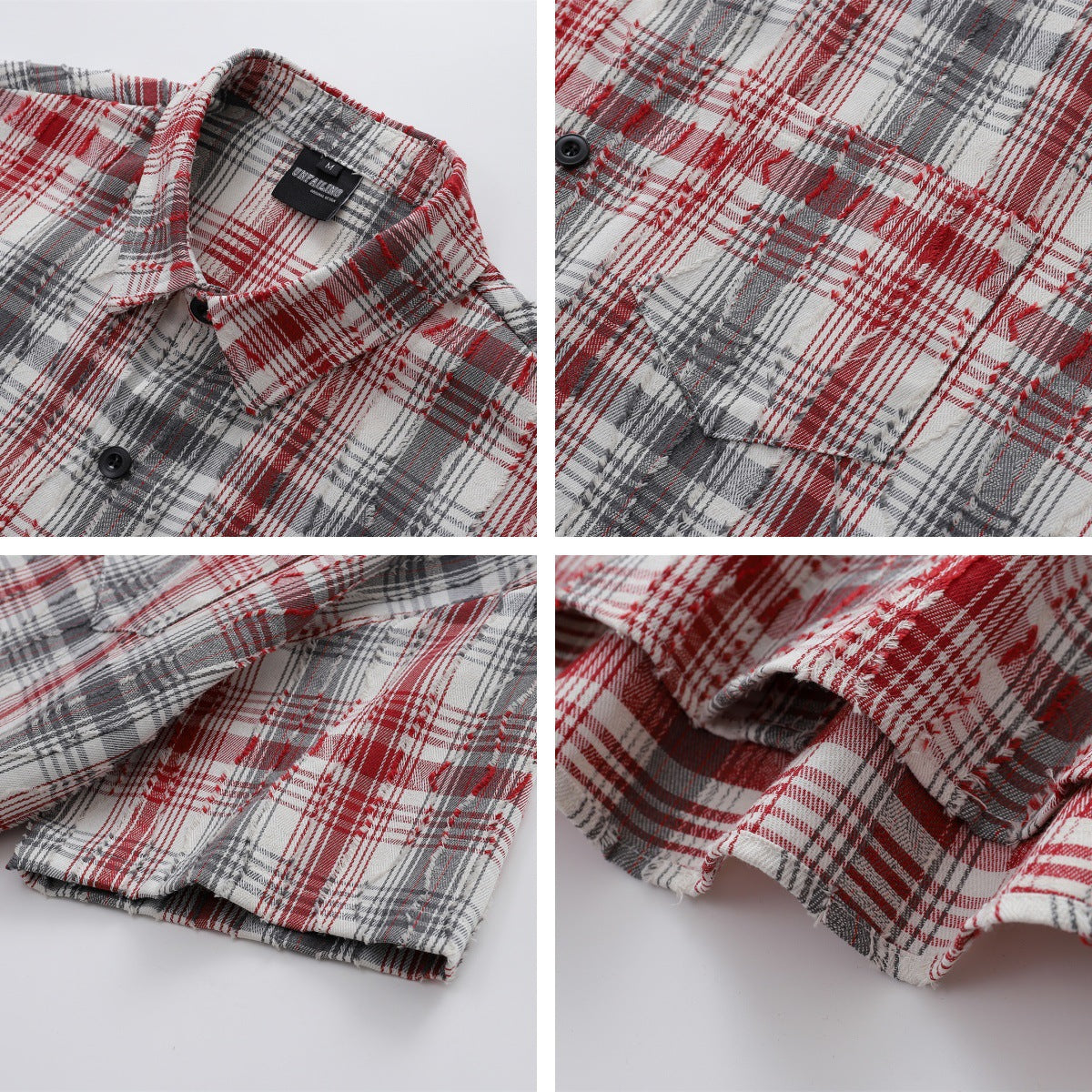 𝔼mbro 𝕊hirt𒉽日式復古毛邊格子短袖寬鬆襯衫YD-8