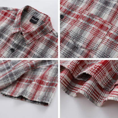 𝔼mbro 𝕊hirt𒉽日式復古毛邊格子短袖寬鬆襯衫YD-8