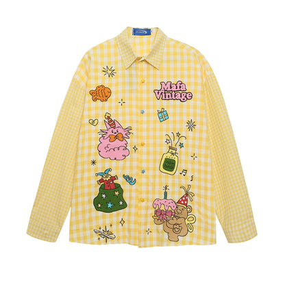 𝔼mbro 𝕊hirt𒉽2025秋冬可愛圖案刺繡格子襯衫S-36