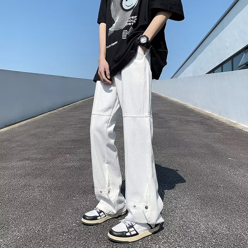 ♜  𝔽𝕦𝕤𝕚𝕠𝕟 𝔽𝕠𝕔𝕦𝕤  𖥟 𝖏𝖊𝖆𝖓𝖘  ☞牛仔褲夏季新款潮流ins氣質寬鬆直筒褲時尚纽扣設計闊腿褲 D-107