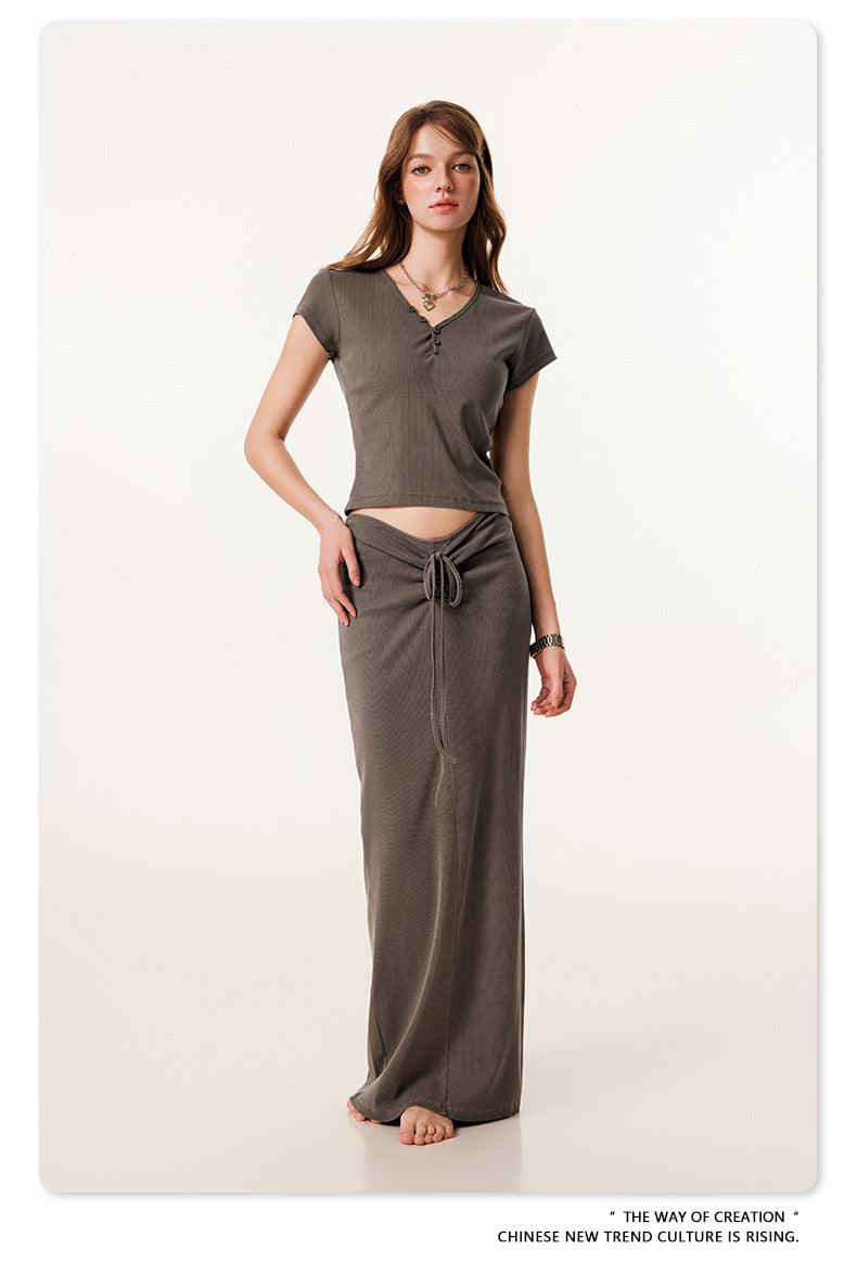 Fierce & Fitted 夏季辣妹必備V領顯瘦短T長裙套裝 咖啡色