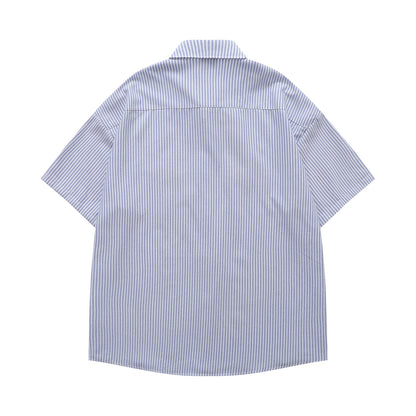 𝔼mbro 𝕊hirt𒉽日式復古可愛貓咪刺繡短袖百搭休閒襯衫 (藍色)