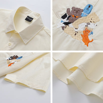 𝔼mbro 𝕊hirt𒉽日式復古可愛刺繡短袖百搭休閒襯衫  (米黃色)