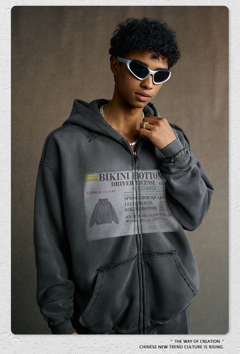 snɔoɟ uoı̣snɟ -  2025秋冬美式潮牌做舊水洗印花連帽開衫拉鏈外套  Ｅ-761