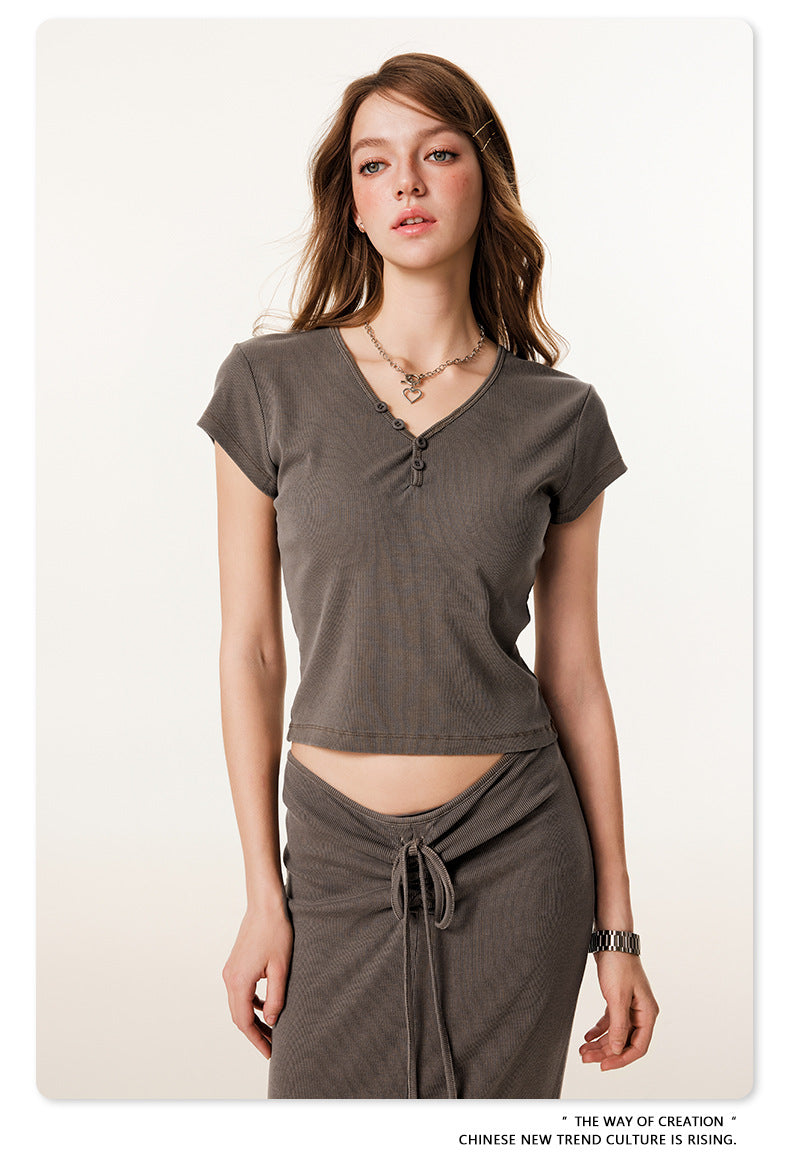 Fierce & Fitted 夏季辣妹必備V領顯瘦短T長裙套裝 咖啡色