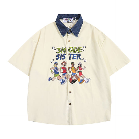 𝔼mbro 𝕊hirt𒉽美式復古水洗圖案刺繡短袖百搭休閒襯衫 3M-2