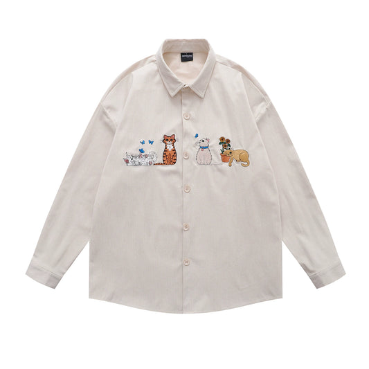 𝔼mbro 𝕊hirt𒉽日式可愛貓咪刺繡設計感燈芯絨寬鬆襯衫外套(杏色)