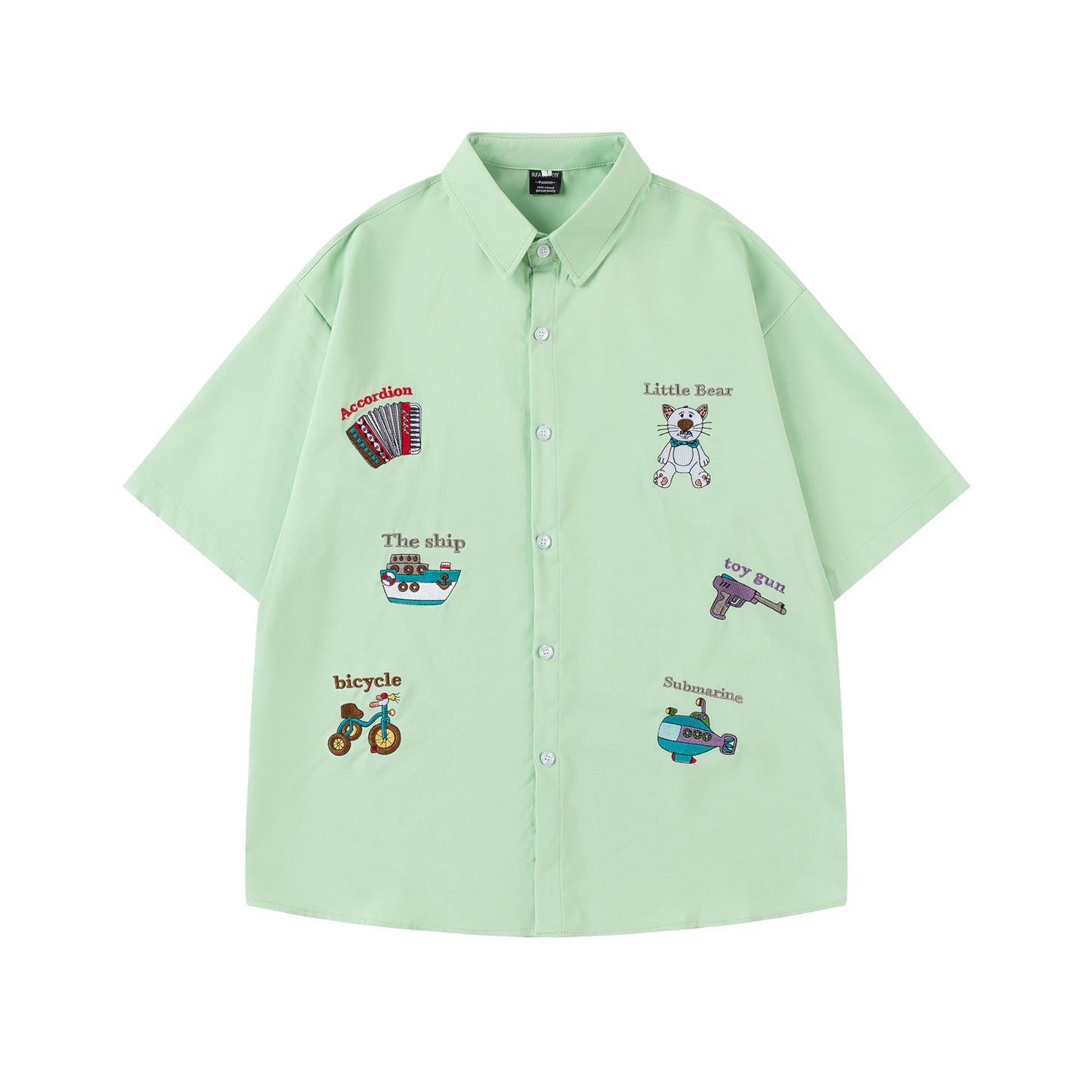 𝔼mbro 𝕊hirt𒉽美式復古逗趣圖案刺繡寬鬆百搭短袖襯衫 (綠色)