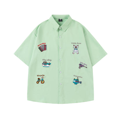 𝔼mbro 𝕊hirt𒉽美式復古逗趣圖案刺繡寬鬆百搭短袖襯衫 (綠色)