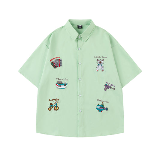 𝔼mbro 𝕊hirt𒉽美式復古逗趣圖案刺繡寬鬆百搭短袖襯衫 (綠色)